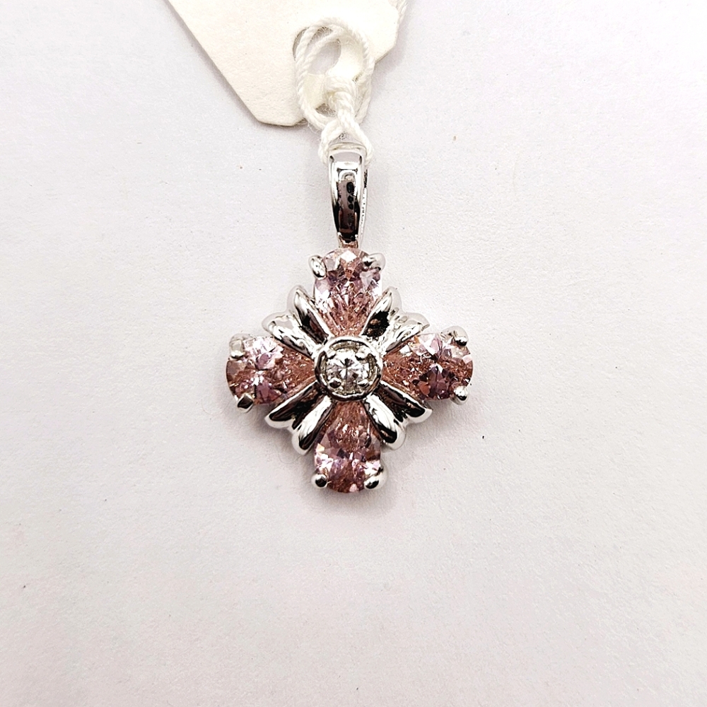 Pastel Pink CZ Flower Pendant Silver Tone Pear Cut Crystal Coquette Romantic Fem